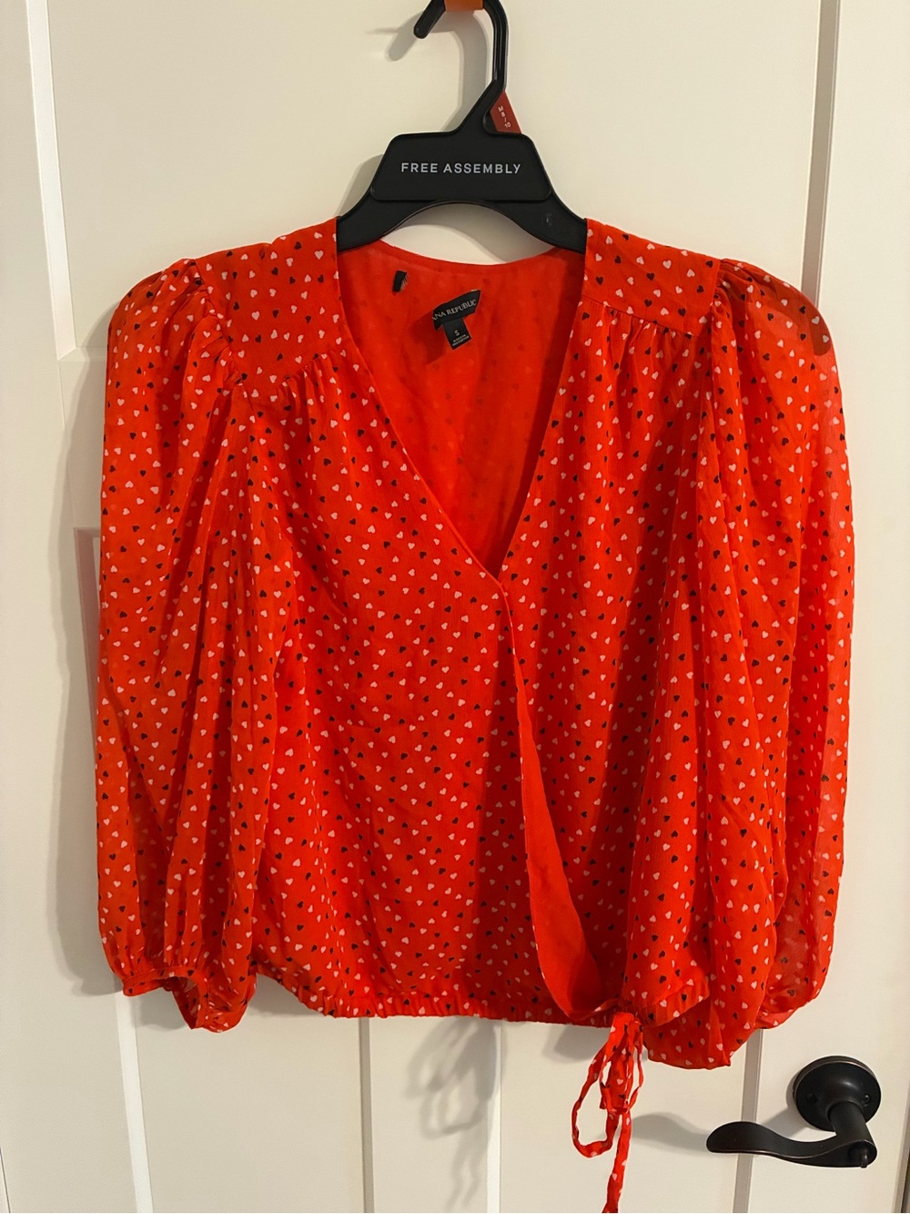 Banana Republic Red Heart-Print V-Neck Puff Sleeve Blouse